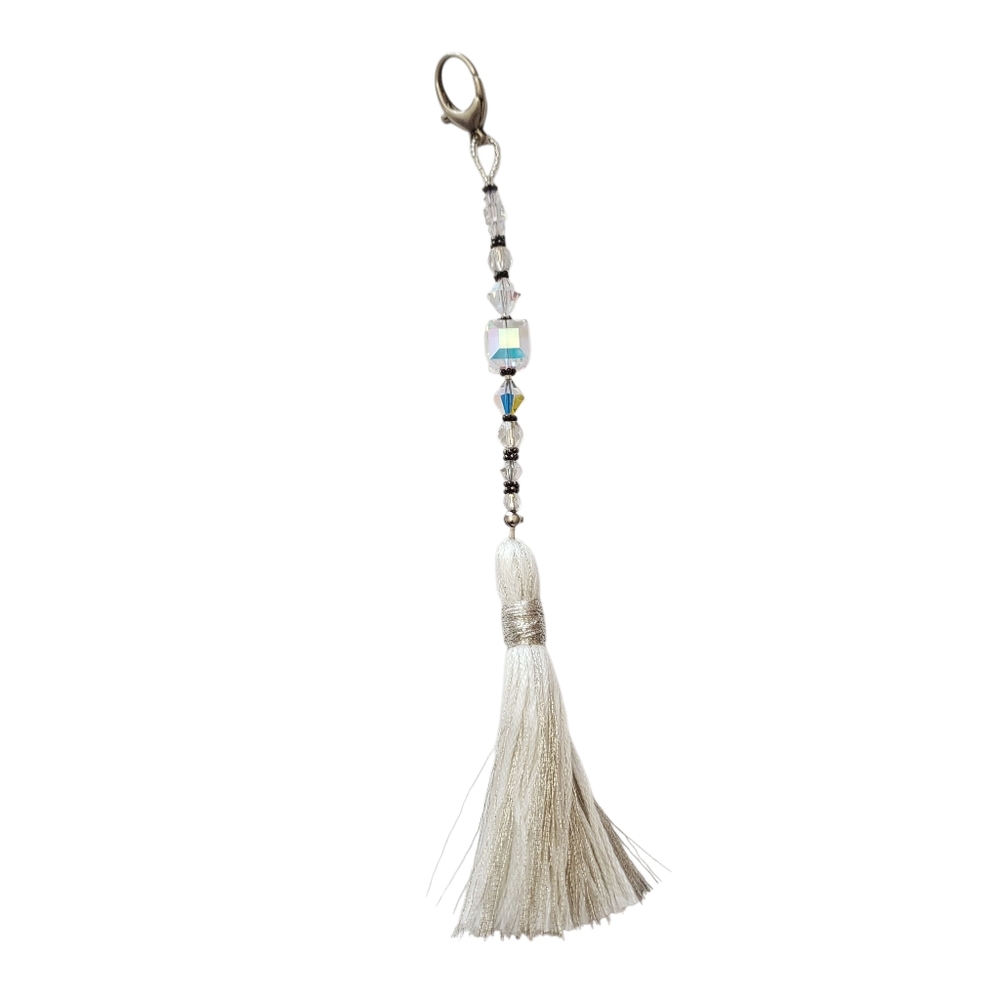 Vintage stamped 925 Sterling silver Crystal cord with tassel,  bag charm,